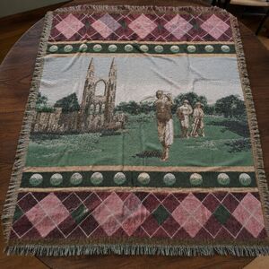 Golf Woven Tapestry Throw Blanket Golfer Argyle Fringe St Andrews